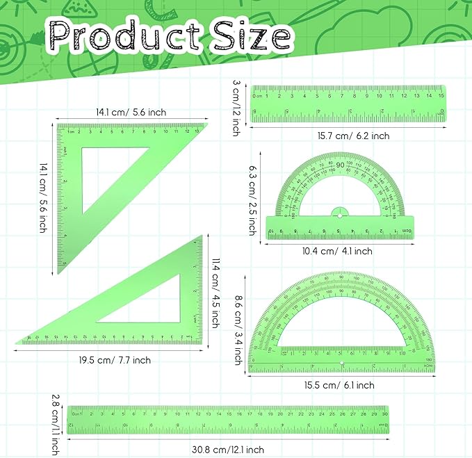 6Pcs Green Plastic Ruler Math Set Includes 12 & 6 Inch Straight Protractor Triangle Math Geometry Set Measuring Tool School Supplies Rulers for School Office Drawing Home