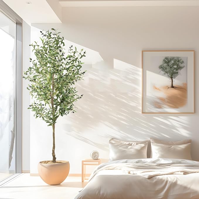 ANTING Artificial Olive Tree, 7FT Faux Olive Tree with Pot, 84in Faux Plants Indoor with Realistic Trunk, 1656 Leaves and 92 Fruits for Home Office Decor Outdoor 1Pack