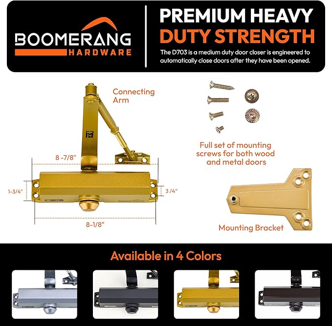 Boomerang Medium Duty Automatic Commercial Door Closer - D703 Hydraulic UL 3 hr. Fire Rated Closer, Surface-Mounted Size 3 for Home & Light Commercial Doors, Painted Brass/Gold (US4)