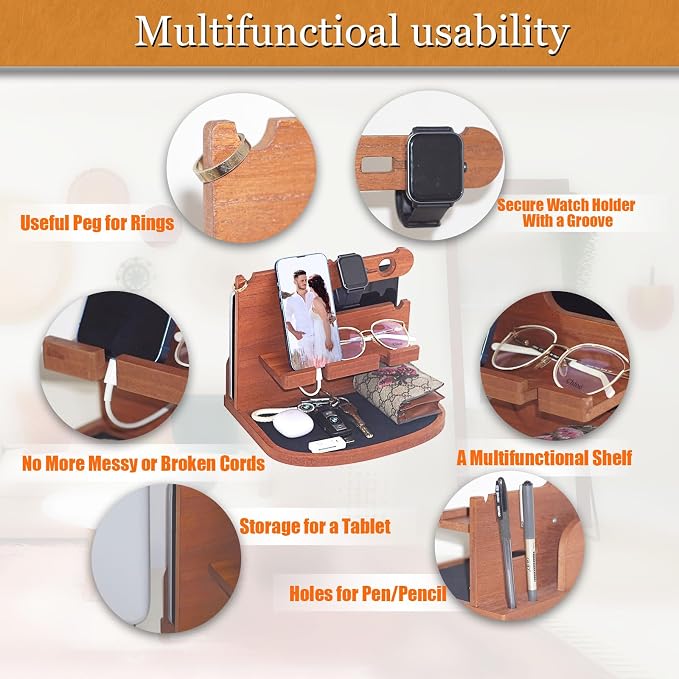 Krismax Wood Phone Docking Station for MenHusbandDad-Nightstand&ampDesk Organizer-Anniversary from Wife-Key Watch&ampEssentials