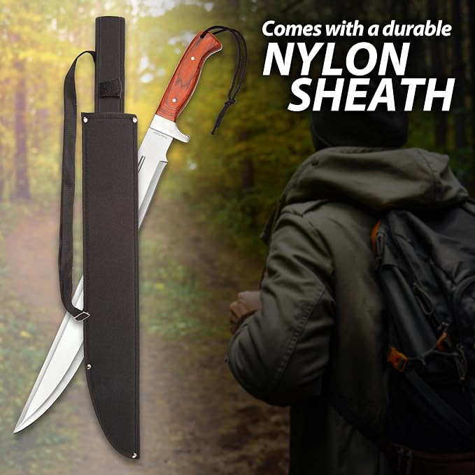 Timber Rattler Jungle Beast Machete | 18 3/4" Stainless Steel Blade | Secure Wooden Handle | Stainless Steel Guard | Durable Nylon Sheath Included | 25" Overall Length