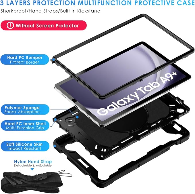 DETUOSI Galaxy Tab A9 Plus Case - Shockproof with 360 Stand &amp Strap Heavy Duty for SM-X210/X216/X218 Black