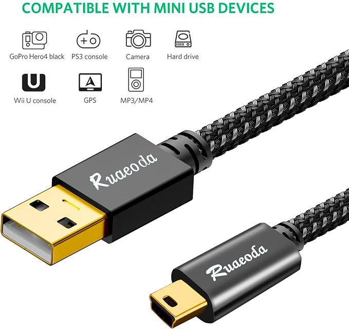 Mini USB Cable 25 ft Mini USB Charger 2.0 Type A to Mini 5 Pin B Cable Compatible with GoPro Hero 3+ PS3 Controller Cell Phones MP3 Players Dash Cam Digital Camera SatNav etc