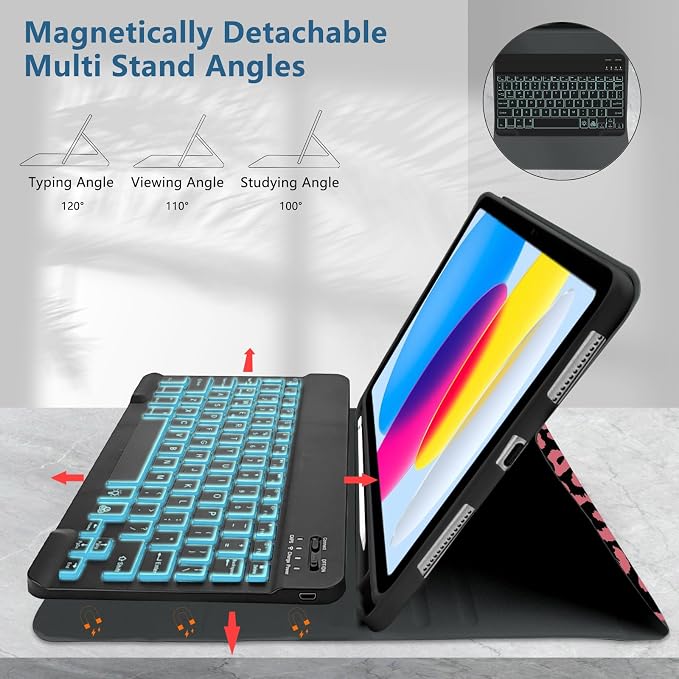 for Bluetooth Keyboard for iPad 10th Gen 10.9 inch (2022) case (A16) 11th / 10th Gen Case 11'' (2025) with 7-Color Backlights Pencil Holder Detachable Rechargeable - Black Cow