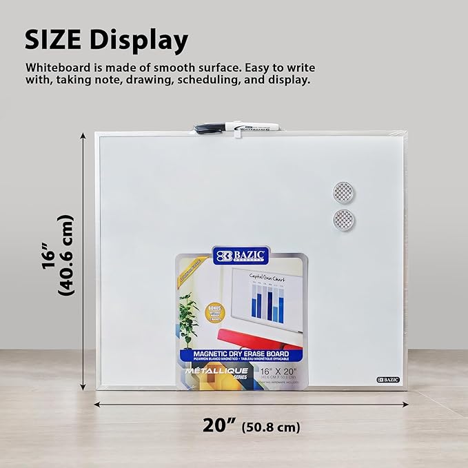 BAZIC Products Magnetic Dry Erase Board Aluminium Frame 16"x20", Whiteboard, Dry Erase Marker, Magnet, for Teacher Office Home, 2-Pack