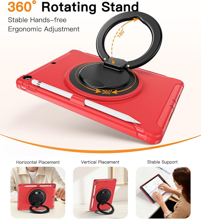 BATYUE Shockproof Case for iPad 9th 8th 7th Gen 10.2 Inch Black | 3in1 PC+TPU Heavy Duty 360° Rotatable Ring Stand for Grip Carry Hang &amp Multi-Angle View Screen Protector Pencil Holder