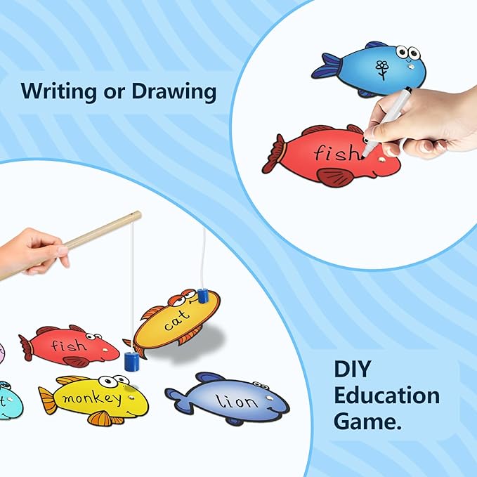 Magnetic Fishing Game, 24 Dry Erase Fish and 2 Wooden Toy Fishing Pole Sight Word Games Educational Toys for Kids, Kindergarten & Family