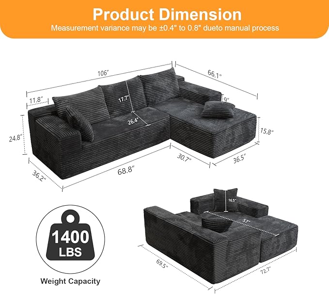106'' Boneless Couches for Living Room, L Shaped Modular Sectional Sofa with Chaise Lounge, Faux Rabbit Fur & Layered Cushion Deep Seat Cloud Couch, No Assembly (Dark Grey, Right Facing Chaise)