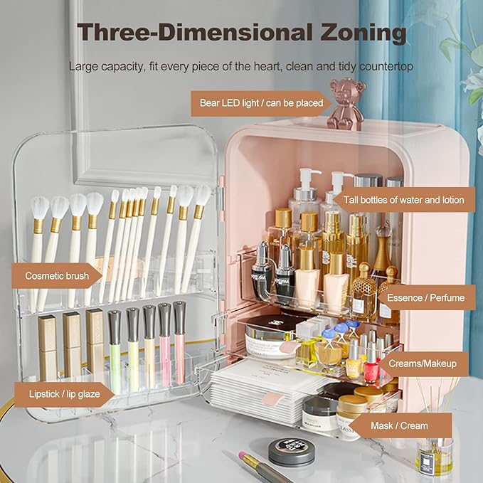 Ergocar Portable Pink Bear Series Multi-Function Make Up Case Dustproof Cosmetic Storage Box, Cosmetics Skin Care Products Jewelry Organizer Case Lipstick Box With LED Light - White