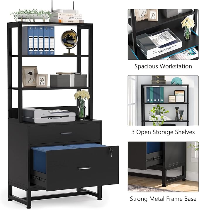 Tribesigns 2 Drawer Vertical File Cabinet with Lock & Bookshelf (Set of 2), Letter Size Large Modern Filing Cabinet Printer Stand with Open Storage Shelves for Home Office, Black