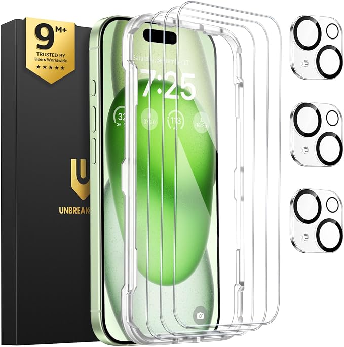 UNBREAKcable iPhone 15 Screen Protector 3-Pack Upgraded Dual-Tempered Glass + 3 Camera Lens Protectors Military-Grade 9H Hardness HD Clarity Anti-Fingerprint Case Friendly 6.1 Inch | Upgraded Du