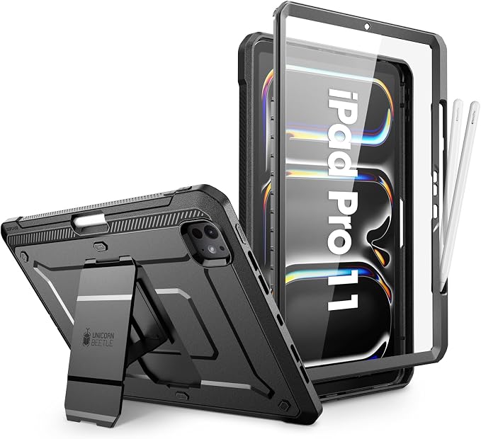 SUPCASE for iPad Pro 11 inch Case M5/M4 2025/2024 with Pencil Holder Black | Built-in Screen Protector Built-in Stand Support Apple Pencil's Wireless Charge Heavy Duty Protection Unicorn Beetle Pr