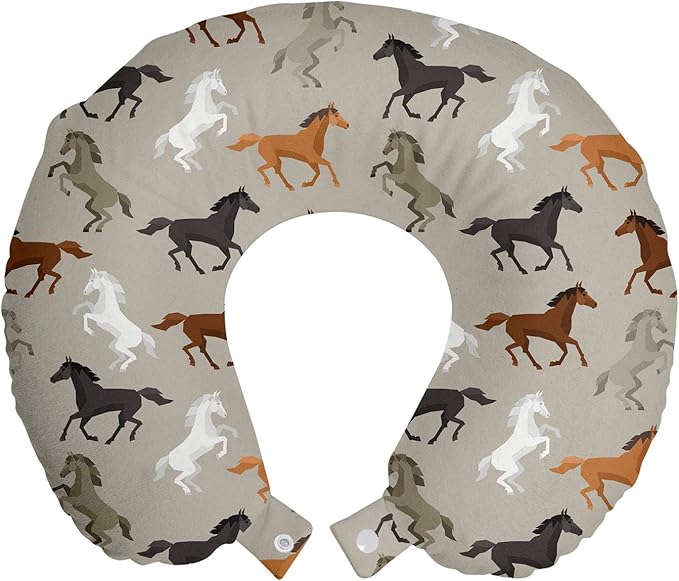 Ambesonne Horses Travel Pillow Neck Rest, Abstract Stallions Simple Design Animals Galloping Curvet Illustration, Memory Foam Traveling Accessory for Airplane and Car, 12", Taupe Black