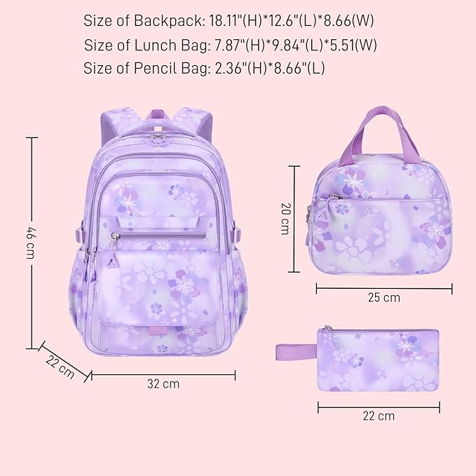3Pcs Set Backpacks for Girls Teen, Cute Flowers School Bag Girls Bookbags with Lunch Box Pencil Bag, Multi-Pockets Kids Backpack for Elementary & Middle School, Purple