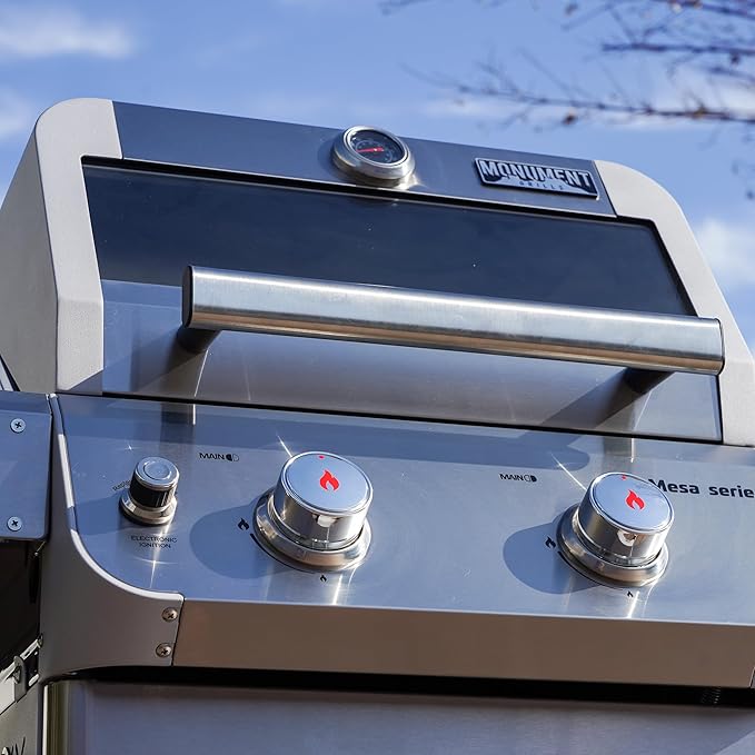Monument Grills 2-Burner Stainless Steel Liquid Propane Gas Grill, Two Foldable Shelves Patio Garden Barbecue Grill with Clearview® Lid, Knob Control, Mesa200S with BBQ Cover