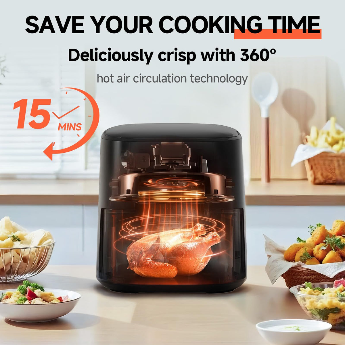 Qido Air Fryer, 5.28 QT Square Airfryer, 400°F Fast Heating Air Fryers Oven with One-Touch Presets, Auto-Off, Dishwasher-Safe Nonstick Basket, Multiple 8 in 1 Function, Compact Black