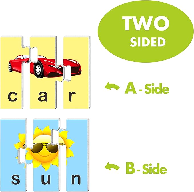 72 Word Spelling Puzzles with Error-Correction Mechanism in 3 and 4 Pieces, Perfect for Preschool Learning (36 Blocks Double Sided)