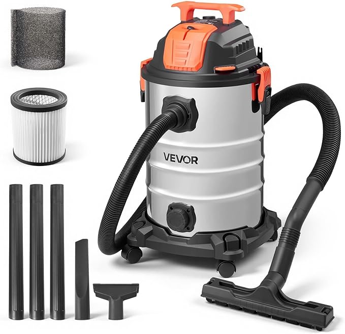 VEVOR Shop Vac, 8 Gallon Wet Dry Shop Vacuum, 6 Peak HP with One-Button Self-Cleaning, Dual-Filter, 900W Input Power, 1.25in x 7ft Hose, 9.8ft Cord, Metal Tank for Jobsite, Workshop, Garage, Home