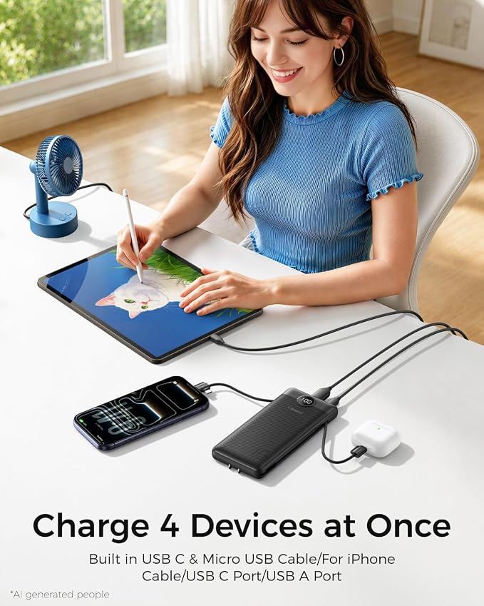 VEGER Portable Charger for iPhone Power Bank Built in Cable and Wall Plug | 10000mAhUltra Slim&ampCompact5 OutputsLED DisplayFlight-SafeTravel Essentials Battery Pack for iPhone 17iPad Samsun
