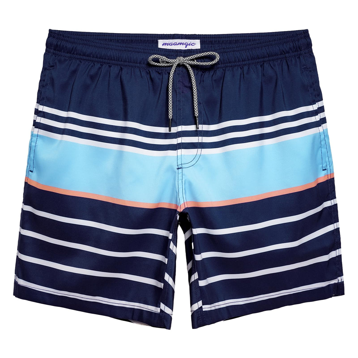 maamgic Mens Swim Trunks Quick Dry Swim Shorts with Mesh Lining Funny Swimwear Bathing Suits 7inch Striped Navy Large