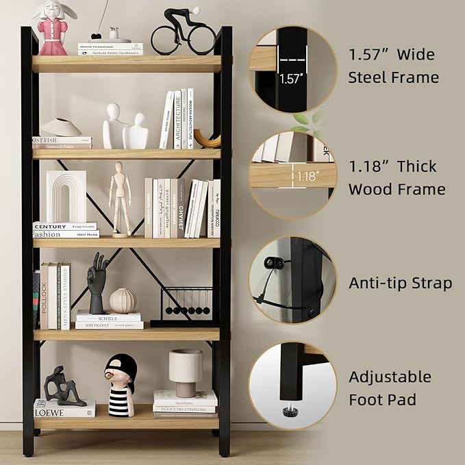 Real Solid Wood Bookshelf Shelves Rustic Vintage Industrial Etagere Bookshelf, Metal & Timber Free Vintage Bookcase, (Genuine Timber) (5-Tiers-Real Wood)