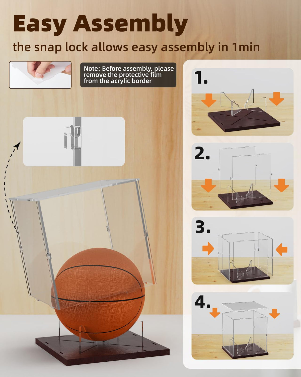Fitense Full Size Acrylic Basketball Display Case with Solid Wood Base