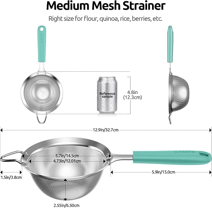 U-Taste Medium Fine Mesh Strainer: 18/8 Stainless Steel 4.73in 30 Mesh Kitchen