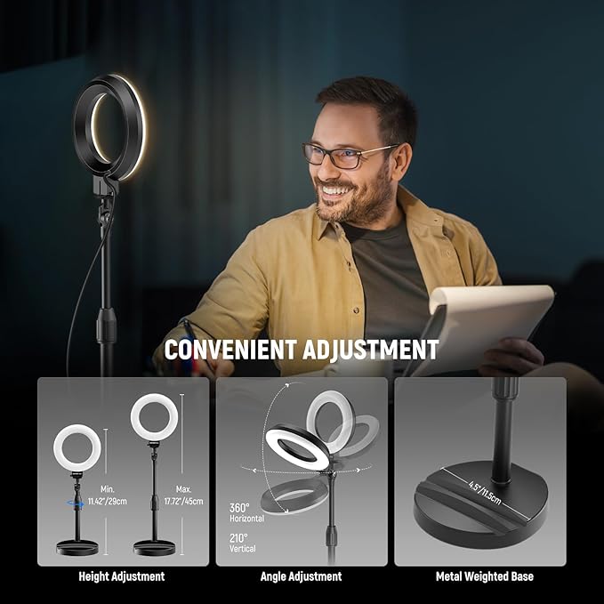 NEEWER Basics 5"/13cm Desk Ring Light with Stand, Phone Holder Base, 10W LED Selfie Light Compatible with iPhone for Video Recording Laptop Webcam Zoom Video Conference Lighting Makeup, Black BR60