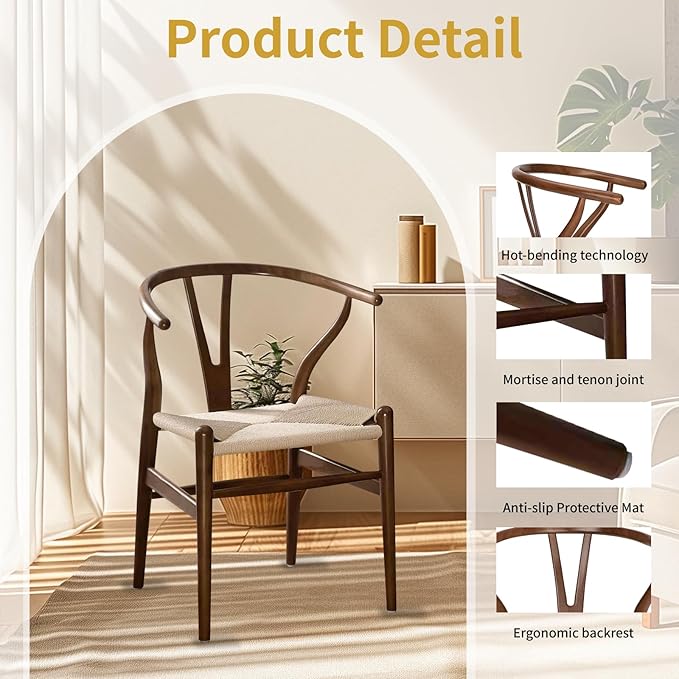 Wishbone Chair Natural Solid Wood Dining Chair/Hans Vegner Y Chair Rattan and Wood Accent Armrest Chairs (Ash Wood - Walnut)