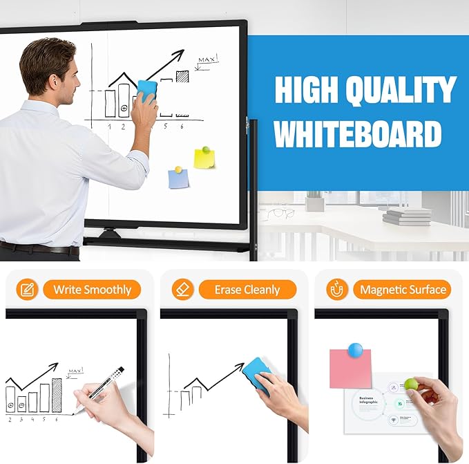 48" X 36" Large Rolling Whiteboard, 360°Rotation Magneitic White Board with Stand, Double Sides Whiteboard Easel on Wheels, Big Dry Erase Board for Office, School, Home