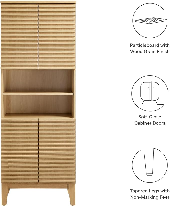 Modway Render Tall Bathroom Storage Tower in Oak - 63” Freestanding Linen Cabinet with Open Shelves and 4 Soft-Close Doors - Towel and Makeup Organizer
