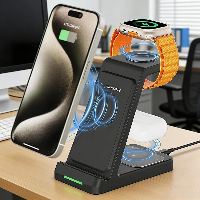 Black 3-in-1 Wireless Charging Dock Fast Charger Stand for Phone Watch Earbuds Type-C Desktop Charger