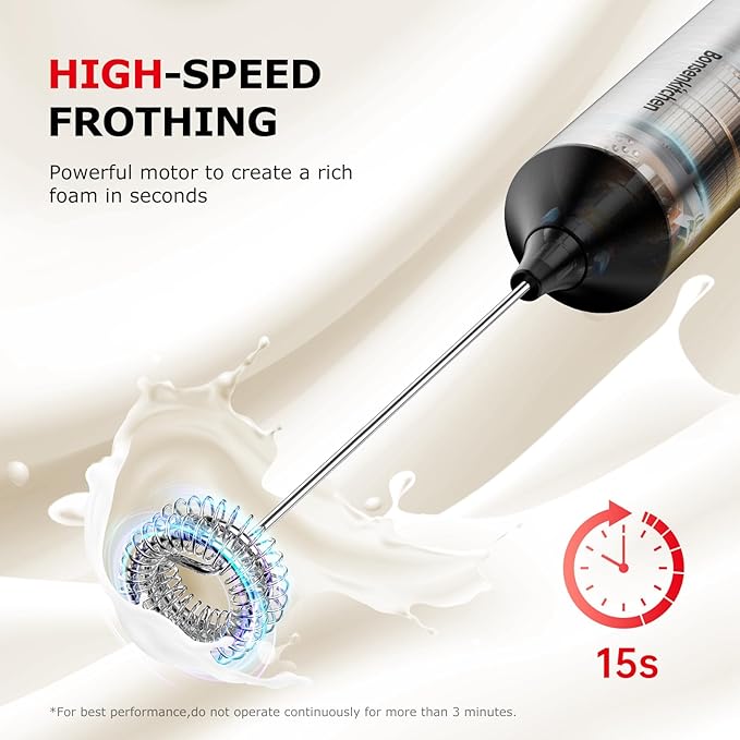 Bonsenkitchen Rechargeable Milk Frother with Stand, 3-Speed Handheld Coffee