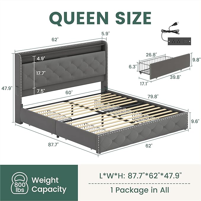 LARMACE Queen LED Bed Frame with Storage Headboard and USB Charging Station, Velvet Upholstered Platform Bed Frame with 4 Drawers, Tufted Beds with Heavy Duty Wood Slats Support, Easy Assembly, Grey