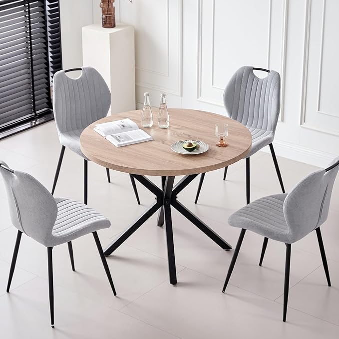 39" Round Dining Table Set for 4, Mid Century Kitchen Table with 4 Fabric Upholstered Dining Chairs for Apartment Living Room Space Saving