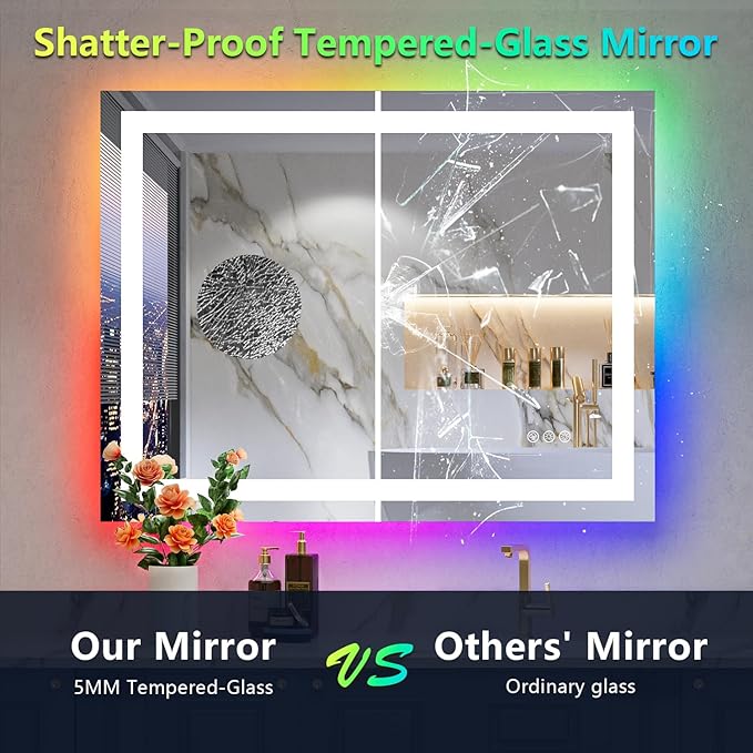 YEELAIT 36x30 Inch RGB LED Bathroom Mirror Front Light and RGB Backlit Lighted Vanity Mirror for Bathroom Wall Mounted Dimmable Anti Fog Memory Shatter-Proof IP54 Waterproof Horizontal/Vertical