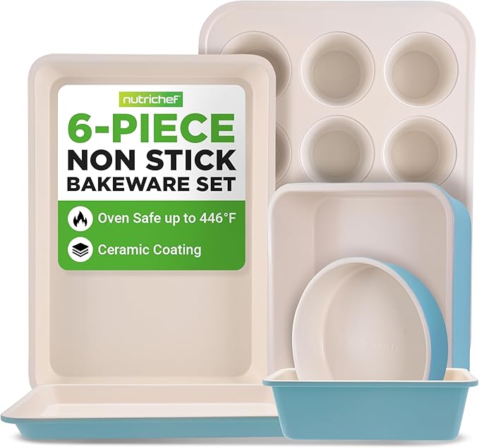 NutriChef 6 Pc Nonstick Baking Pan Set, Ceramic Bakeware Set - Turquoise
