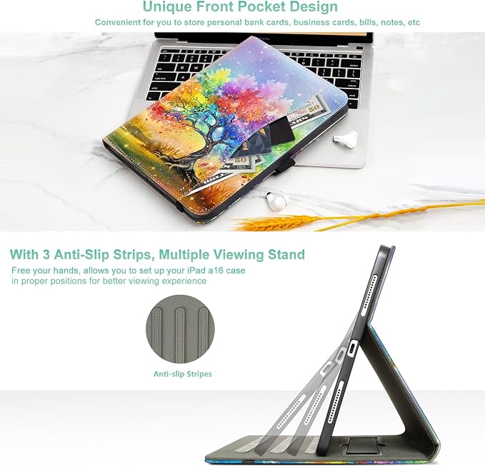 Lokigo Case for iPad (A16) 11th/10th Generation Aurora Forest | for iPad 11th-11 Inch/10th-10.9 Inch Stand Cover Pencil Holder/Hand Strap/Pocket Support Touch ID Auto Wake/Sleep