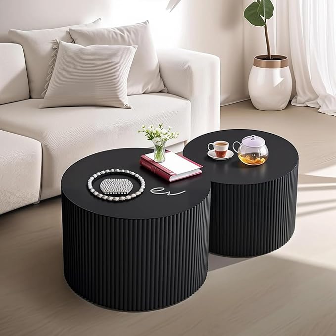 Black Round Fluted Coffee Table Set of 2 - Handcraft Embossed Design, Stylish Combination Center Drum Table for Living Room - No Assemble Needed (D-27.6IN+19.7IN)