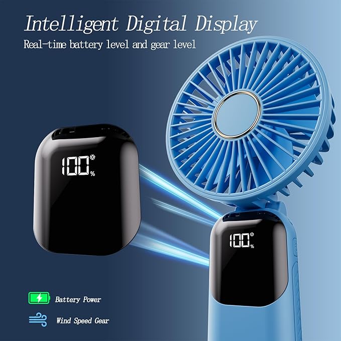 GOCKERA Portable Fan, 4200mAh Battery Operated Fan, 5 Speeds&Digital Display, Makeup Fans for Women with Base, 180°Foldable 3in1 Handheld/Neck/Desk Fan for Outdoor Indoor,Ultra Quiet (sky blue)