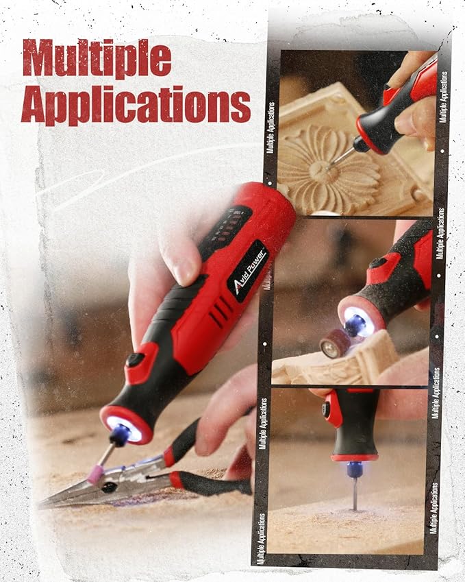 AVID POWER Cordless Rotary Tool 2.0 Ah 8V Rechargeable Rotary Tool, 4 Front LED Lights, 5 Speeds, 60 Pcs Rotary Accessories with Bag for Carving, Engraving, Sanding, Polishing and Cutting - Red