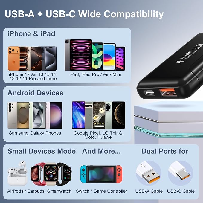 Slim Flat USB C Wall Plug OKRAY 50W Ultra-Thin&ampFoldable Dual USB Charger | PD30W USB-C+USB-A Fast Charging Block Multiport Travel Power Adapter for iPhone 17 Air 16 15 14 13 12 ProiPadGalaxy S2