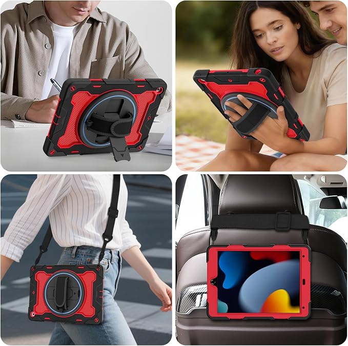 for iPad 9th 8th 7th Gen Case 10.2 inch with Screen Protector | 360° Rotating Kickstand Hand Strap Shoulder Strap Heavy Duty Military Grade - Kids Friendly