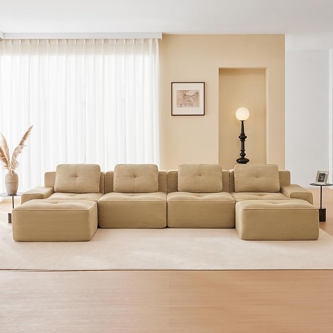 150" Modern Corduroy Cloud Sofa with Ottoman, U Shaped Boneless Modular Large Sectional Couches for Living Room, Camel 4 Seater Compressed Memory Foam Couch, Extra Deep Seat, No Assembly