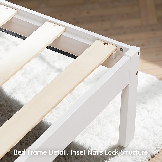 Hokway Wood Queen Bed Frame-No Wobble,Noise-Free,Easy Assembly with Precise Holes,12 in Wood Slat Support,No Box Spring Needed,White