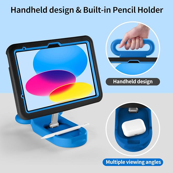 Kids Case for iPad (A16) 11th/10th Gen 10.9'' 2025/2022Adjustable Portrait/Landscape Stand/Drop Proof with HandleChild Friendly Case for iPad Air 11 (M4/M3/M2) 2026/2025/2024 (BlackBlue)