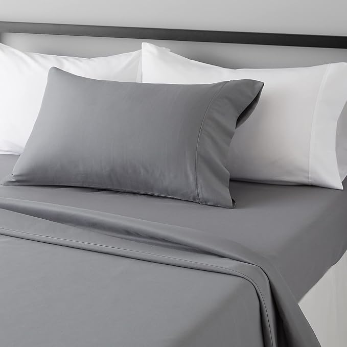 Amazon Basics Lightweight Super Soft Easy Care Wrinkle Free Microfiber 3 Piece Bed Sheet Set with 14-Inch Deep Pockets, Twin, Dark Gray, Solid, Kids, Men & Women Bedding