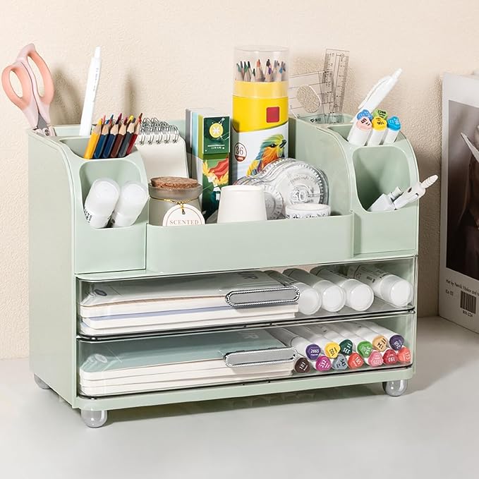 Anyoifax Makeup Organizer Countertop with Large Drawers, Vanity Organizer with Brush Holder, Skin Care Storage for Dresser, Perfume Organizer for Lotion, Lipsitck, Palette, Green