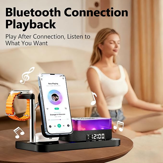 8-in-1 Desktop Charging Station with Bluetooth Speaker RGB Ambient Light Digital Clock Phone Stand Wireless Charger for Phone Watch and Earbuds Black/White (Black)