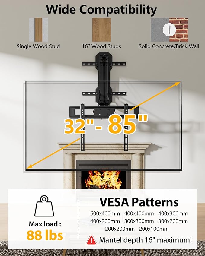 FORGING MOUNT Motorized Fireplace Pull Down TV Mount with Remote for 32-85" TVs, Electric Above Fireplace TV Wall Mount with Height Adjustable, Swivel,Tilt, Holds 88 lbs Max VESA 600x400